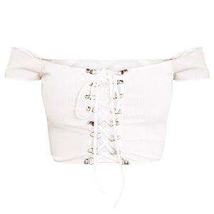 PrettyLittleThing Lia White Ribbed Bardot Corset Detail Crop Top